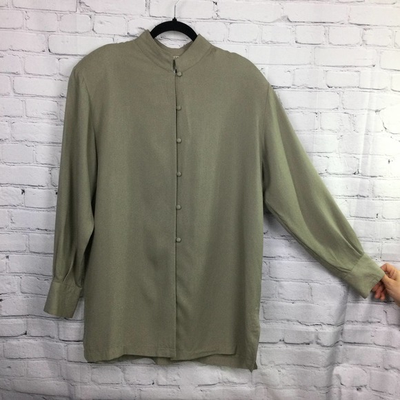 Annie Alexander Silk Work Clothes Mock Collar Long Sleeve Button Down Shirt L - Picture 3 of 14